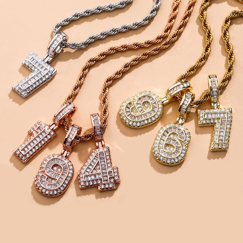 Iced Baguette AAA Prong Set Cluster Digital Numbers Hip Hop Pendants
