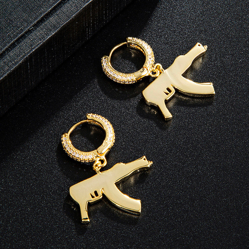 18k Gold .925 Silver AAA Micro Paved AK47 Machine Gun Dangle Hoop Hip Hop Flooded Ice Earrings