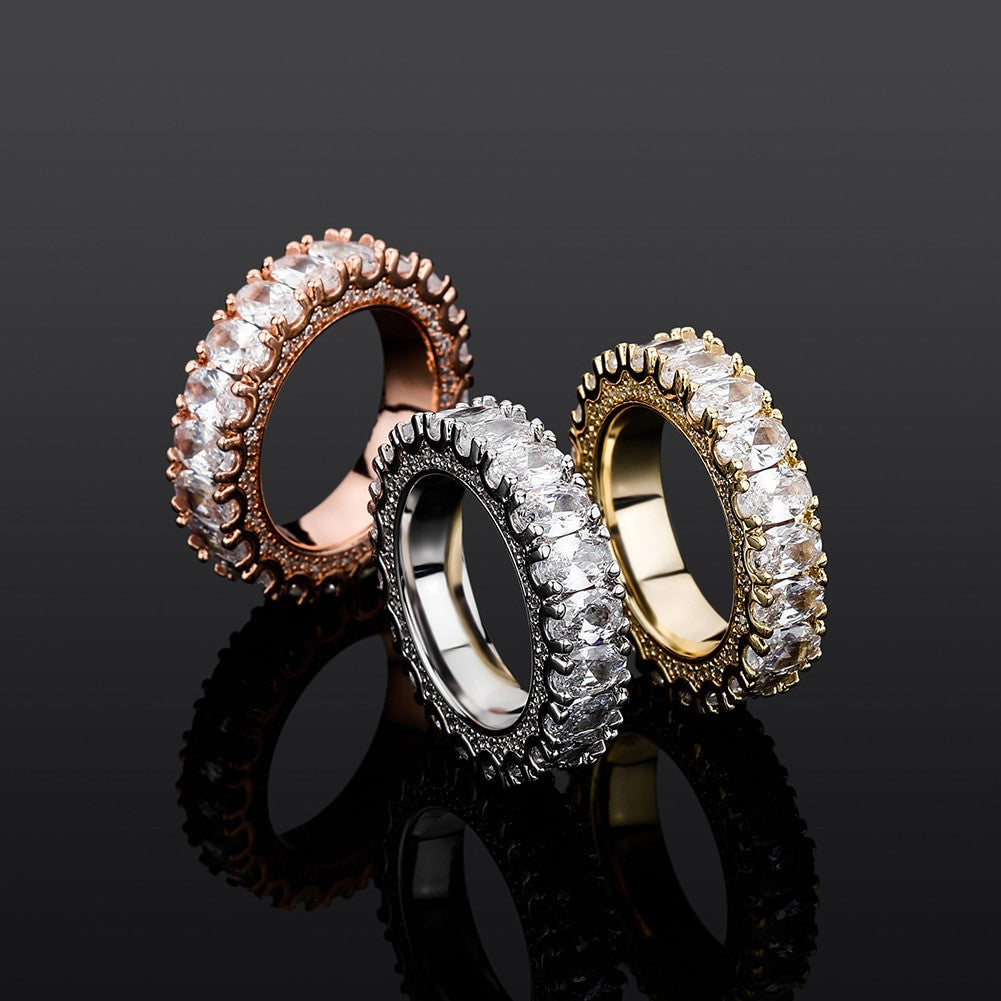 New 5A Simulate Diamond Flooded Ice Prong Set Oval Stone Bling Street Wear Rings