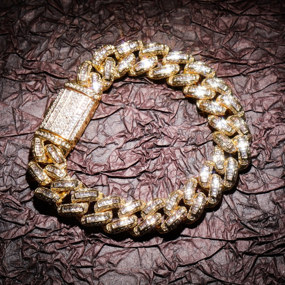 Miami Big Box Clasp 14mm Cuban Link AAA Prong Set Baguette Stone Hip Hop Bracelet