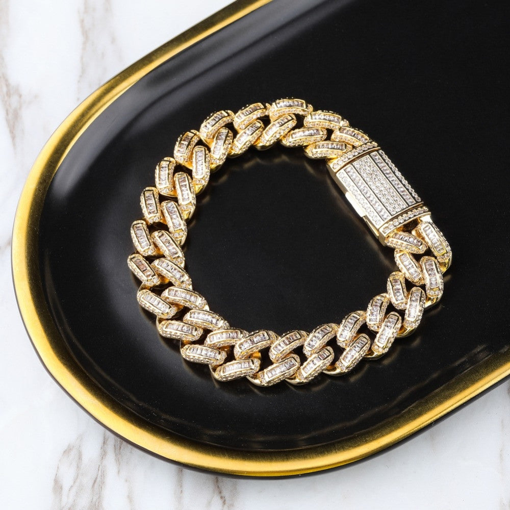 Miami Big Box Clasp 14mm Cuban Link AAA Prong Set Baguette Stone Hip Hop Bracelet