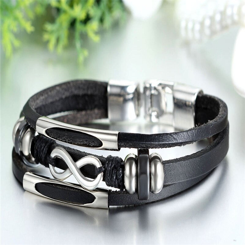 Vintage Infinity Cuff Three Layer Leather Wrap Black Brown Street Wear Casual Bracelet