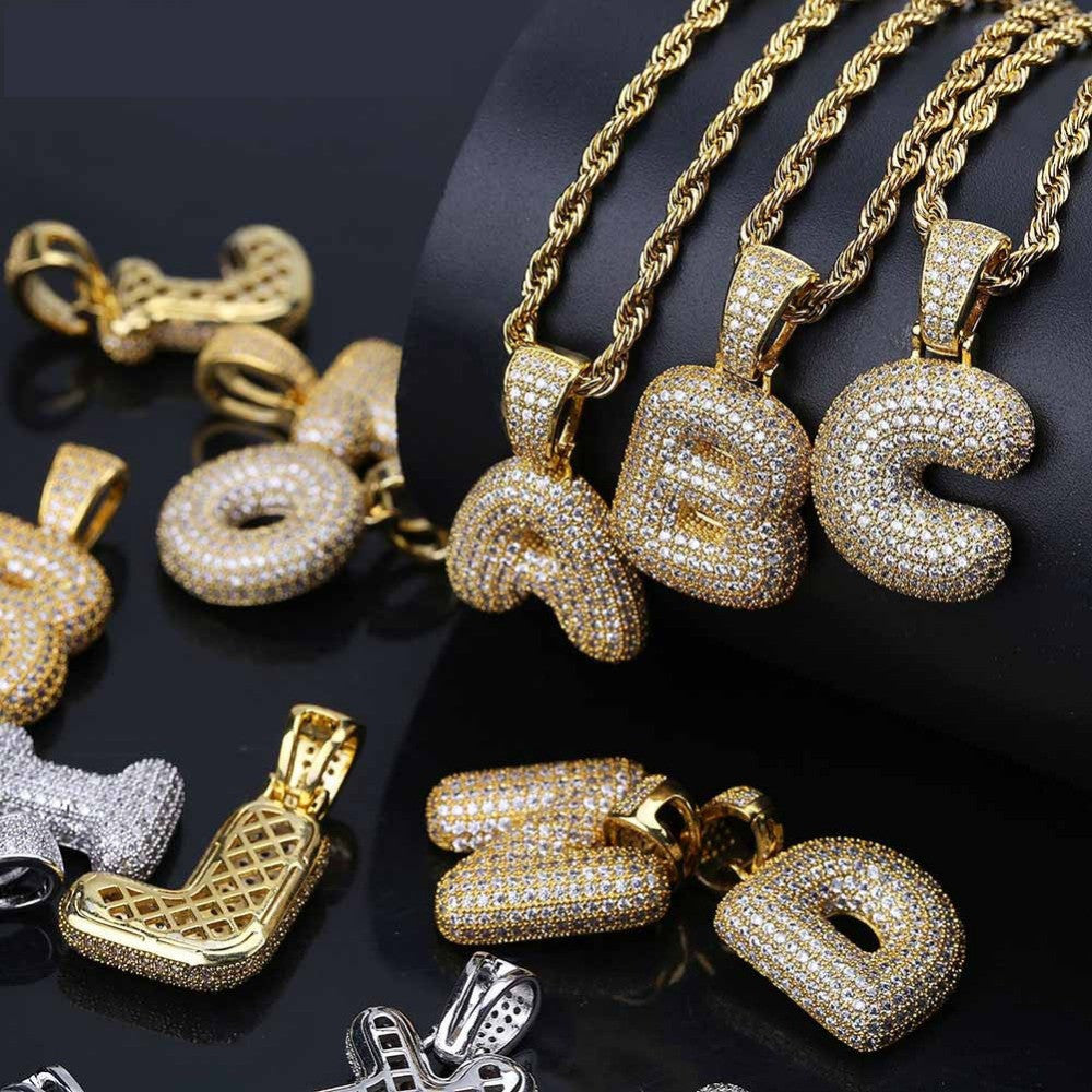 24k Gold .925 Silver AAA True Micro Pave Flooded Ice Custom Bubble Letters Initials Hip Hop Chain Pendant