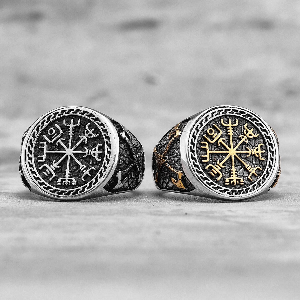 Mens No Fade Stainless Steel Viking Pirate Ax Stainless Steel Gold Accented Rings