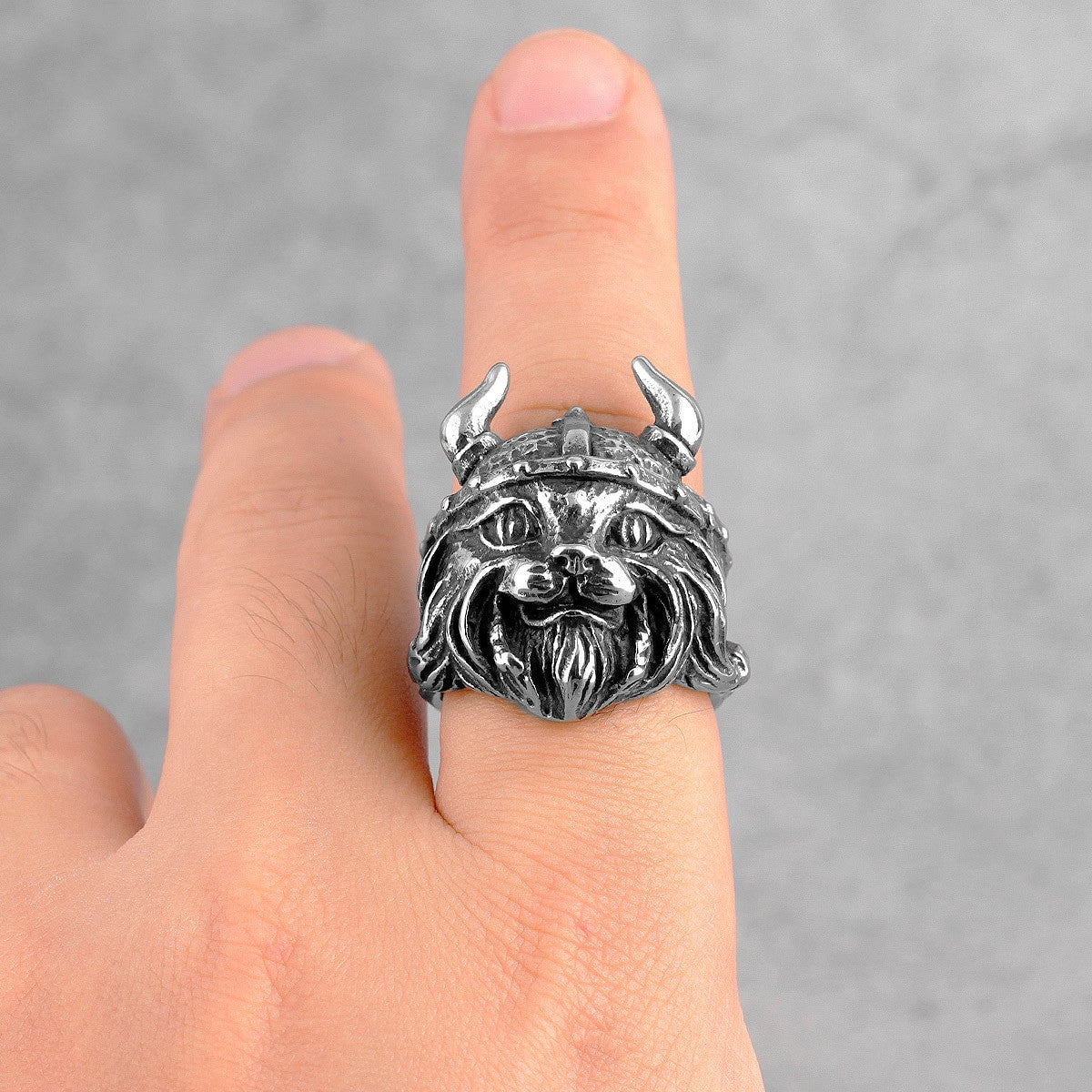 Mens Stainless Steel Viking Hat Cat Wearing Helmet No Fade Rings