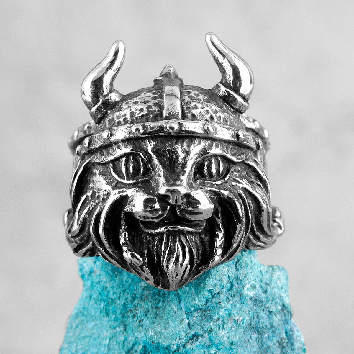 Mens Stainless Steel Viking Hat Cat Wearing Helmet No Fade Rings