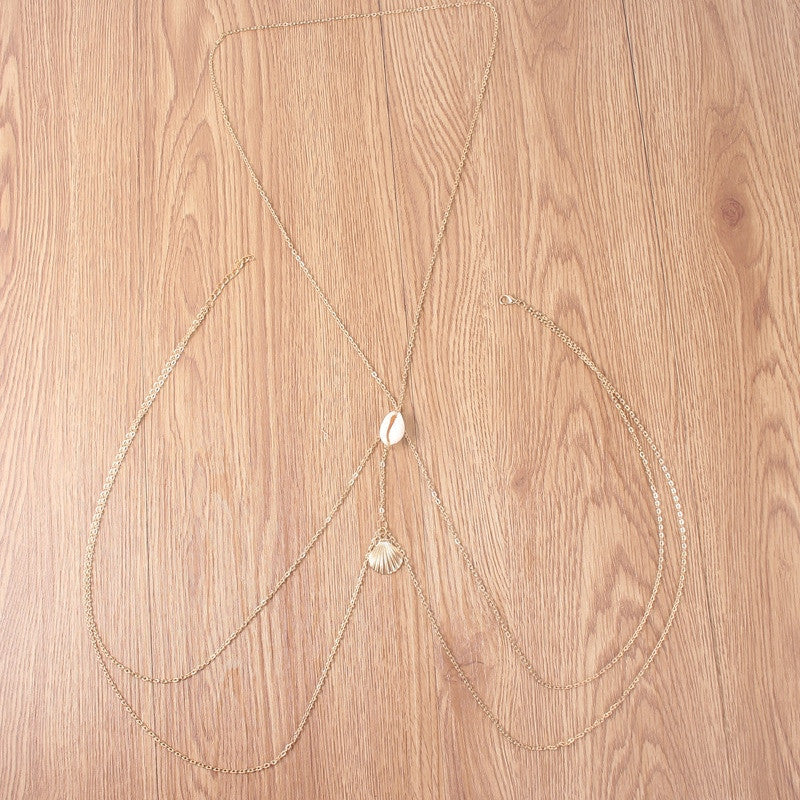 Ladies Vintage Style Cross Body Sea Shell Waist body Chain Necklace