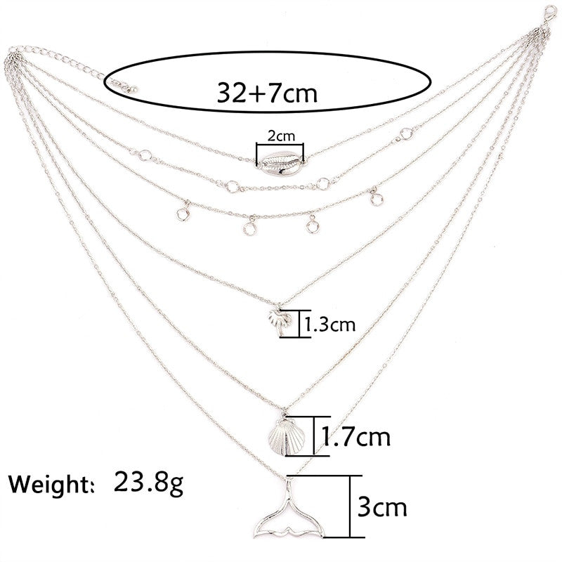 Mermaid Tail Sea Shell Coconut Tree Crystal Multilayer Silver Chain Necklace