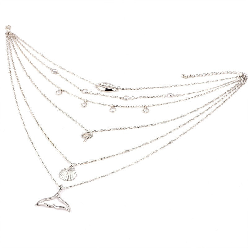 Mermaid Tail Sea Shell Coconut Tree Crystal Multilayer Silver Chain Necklace