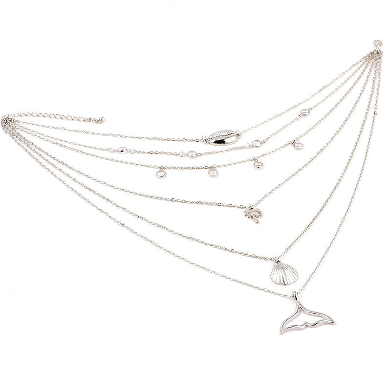 Mermaid Tail Sea Shell Coconut Tree Crystal Multilayer Silver Chain Necklace