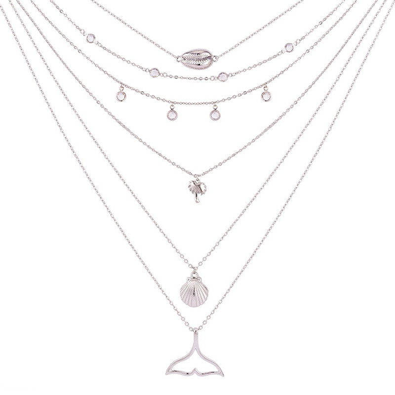 Mermaid Tail Sea Shell Coconut Tree Crystal Multilayer Silver Chain Necklace