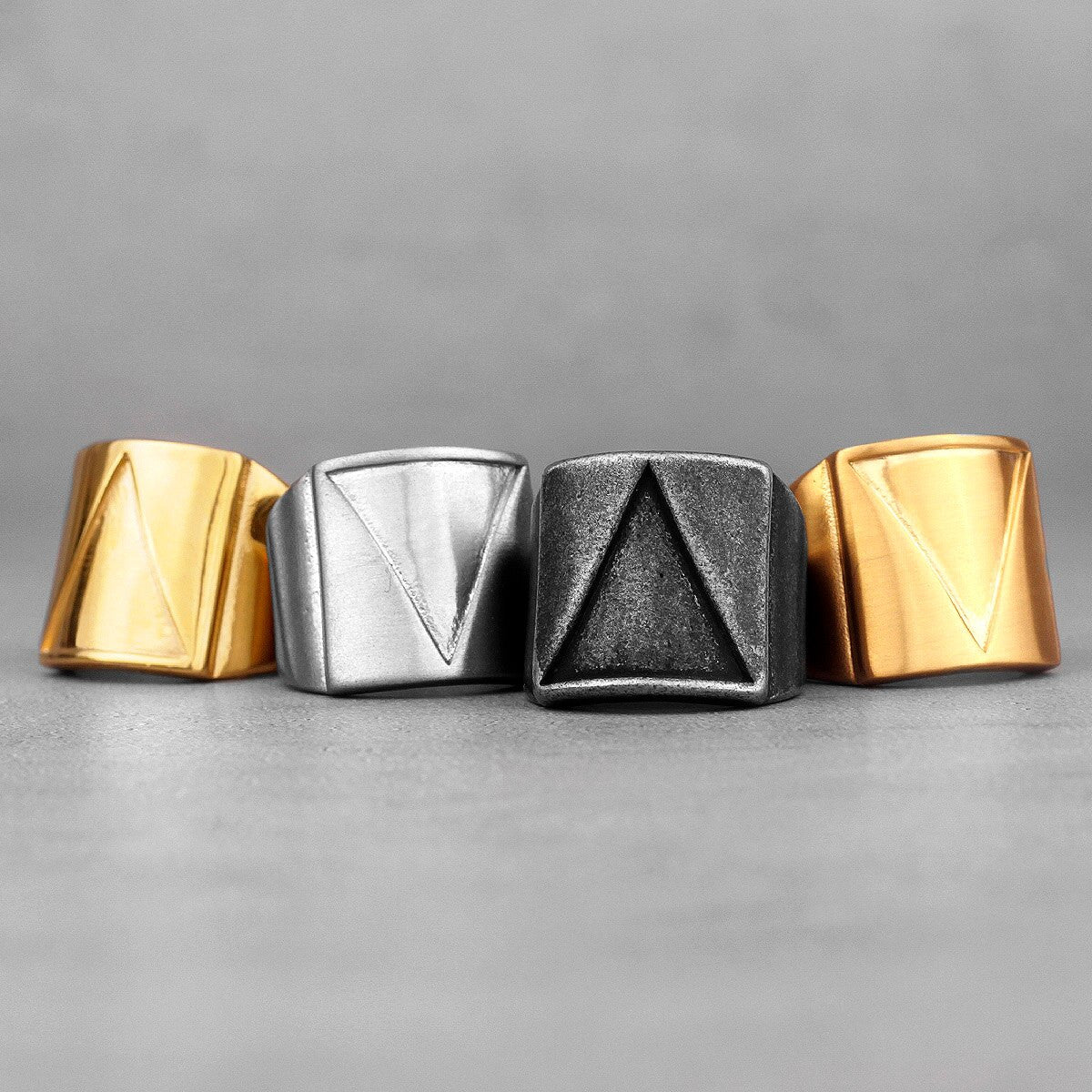 Mens 14k Gold Black Silver 316L Solid No Fade Stainless Steel Cosmic Triangle Rings