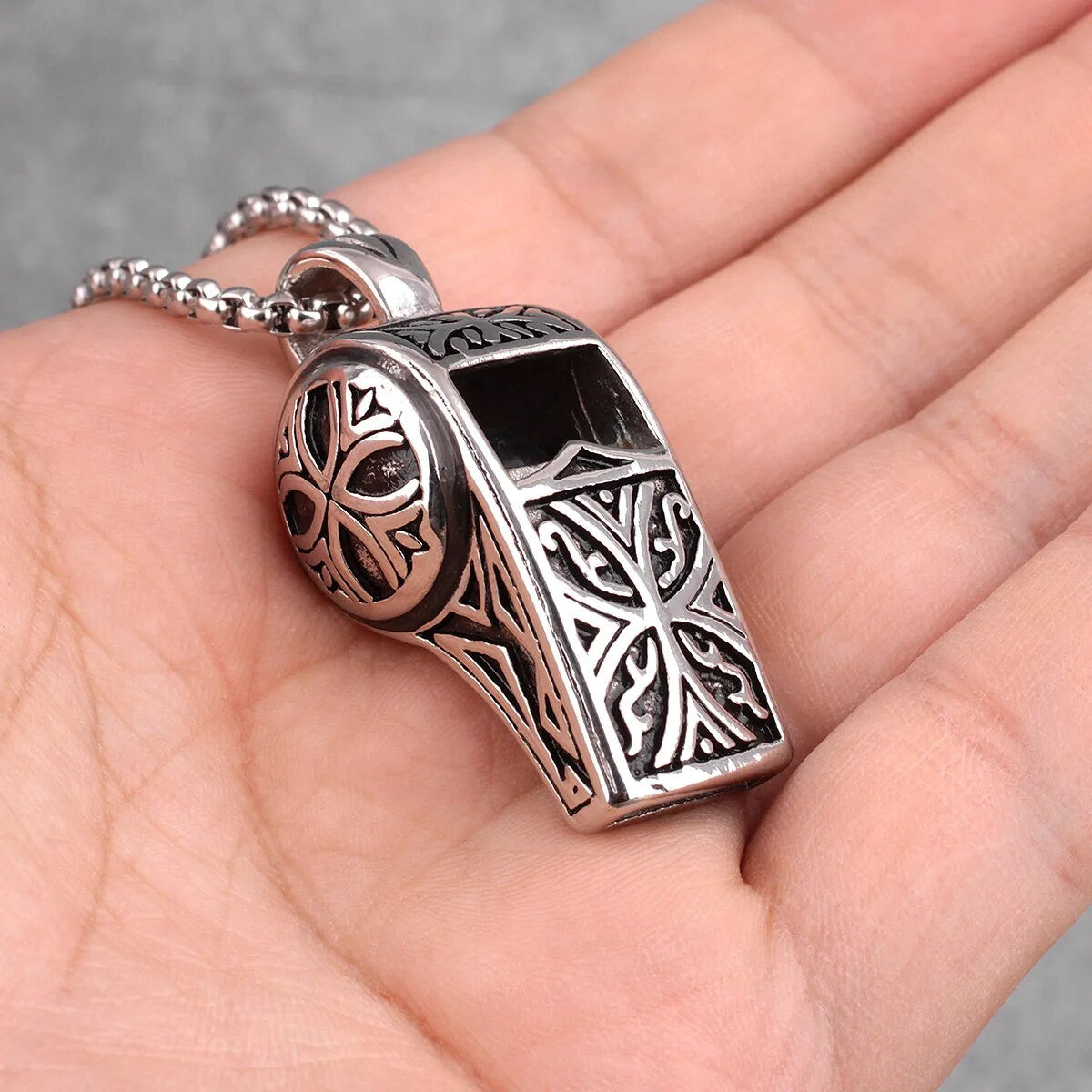 Mens Solid Stainless Steel No Fade Street Wear Referee Whistle Pendant Chain Necklace