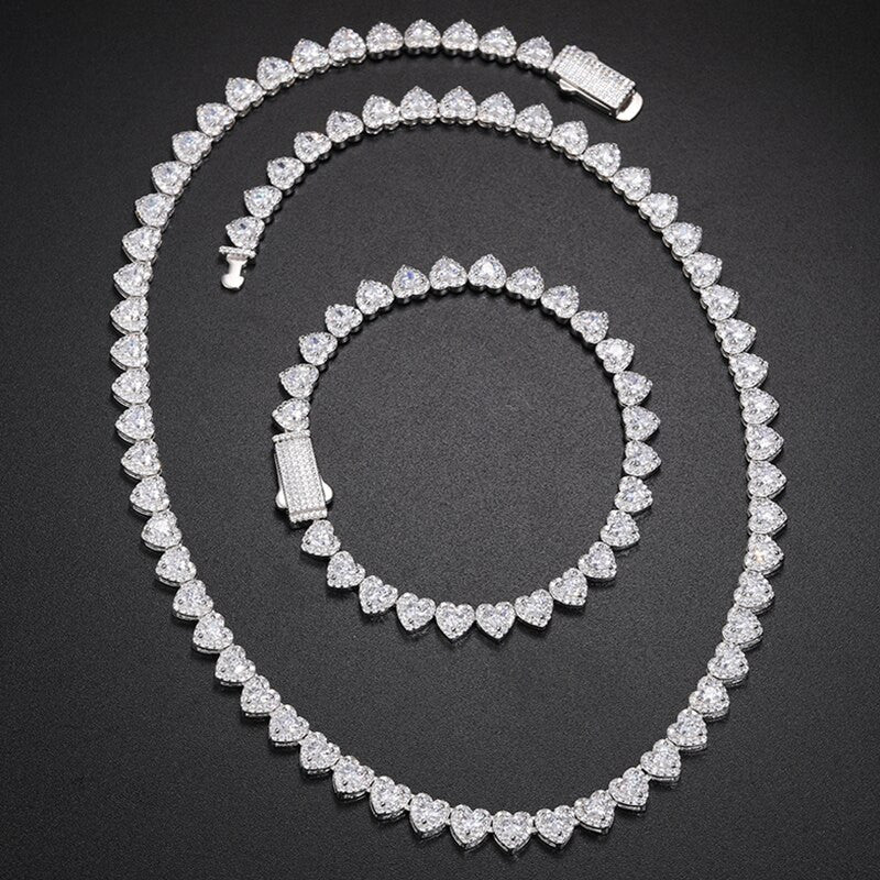 Ladies Genuine VVS Diamond Heart Shaped Tennis Chain Solid 925 Silver Bracelet Necklace