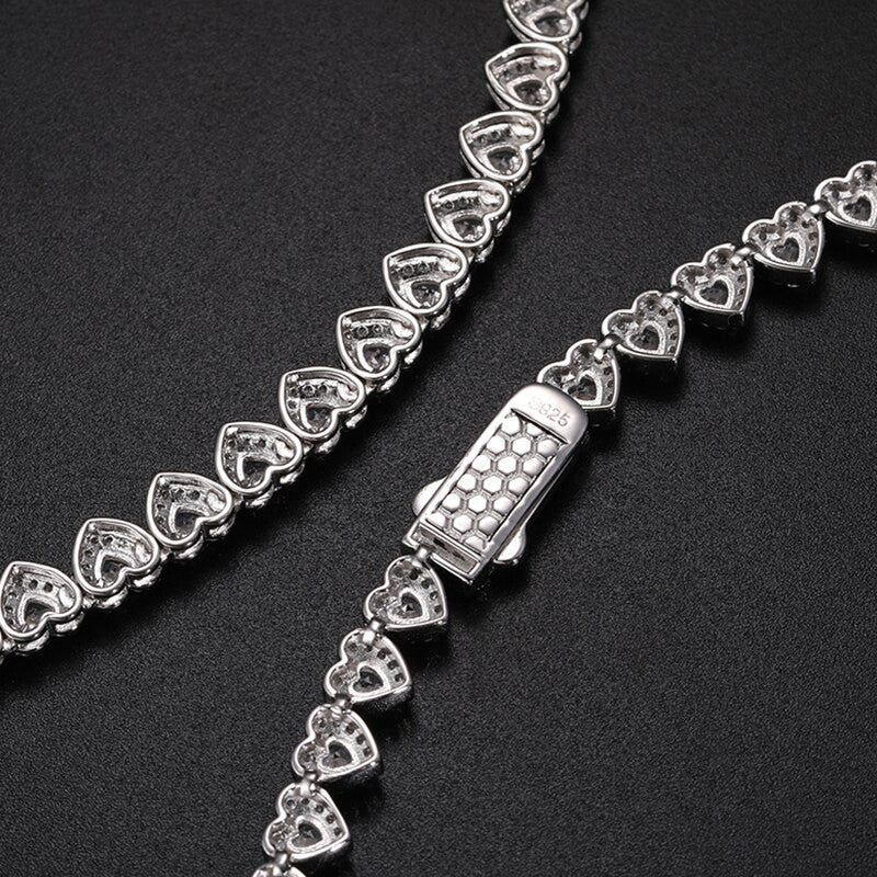 Ladies Genuine VVS Diamond Heart Shaped Tennis Chain Solid 925 Silver Necklace
