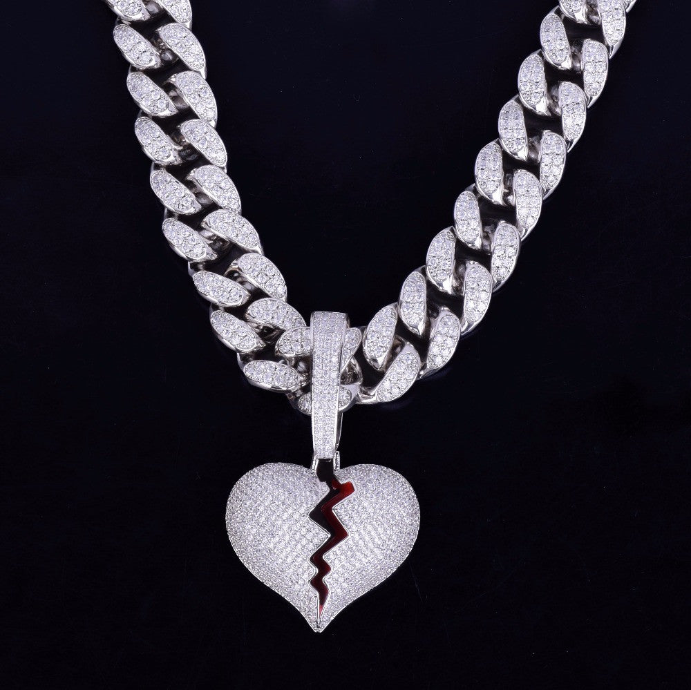 20MM Cuban Link 24k Gold Silver Broken Heart Pendant Hip Hop Chain Necklace