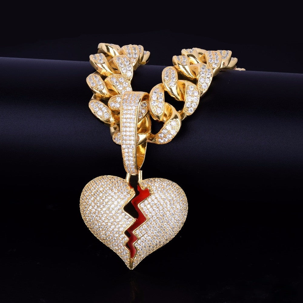 20MM Cuban Link 24k Gold Silver Broken Heart Pendant Hip Hop Chain Necklace