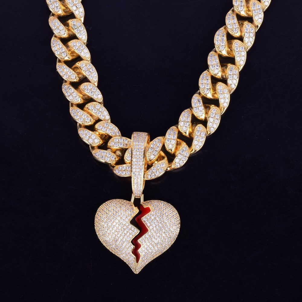 20MM Cuban Link 24k Gold Silver Broken Heart Pendant Hip Hop Chain Necklace