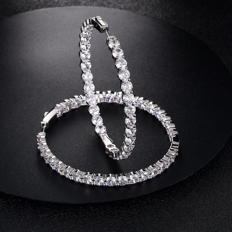 Ladies Big Circle Hoop Fashion Girl Real CZ Stone Bling Earrings