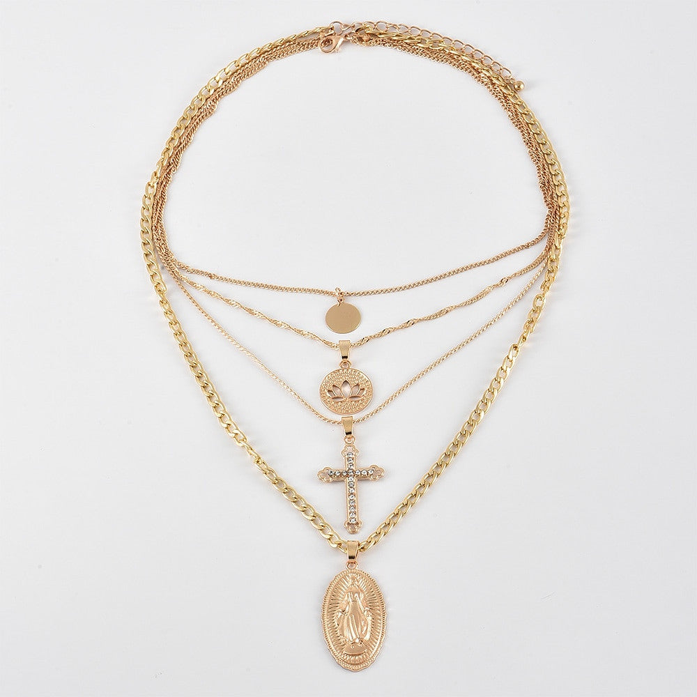 Womens Crystal Cross Lotus Virgin Mary Multilayer Gold Pendant Clavicle Chain Choker Necklace Set