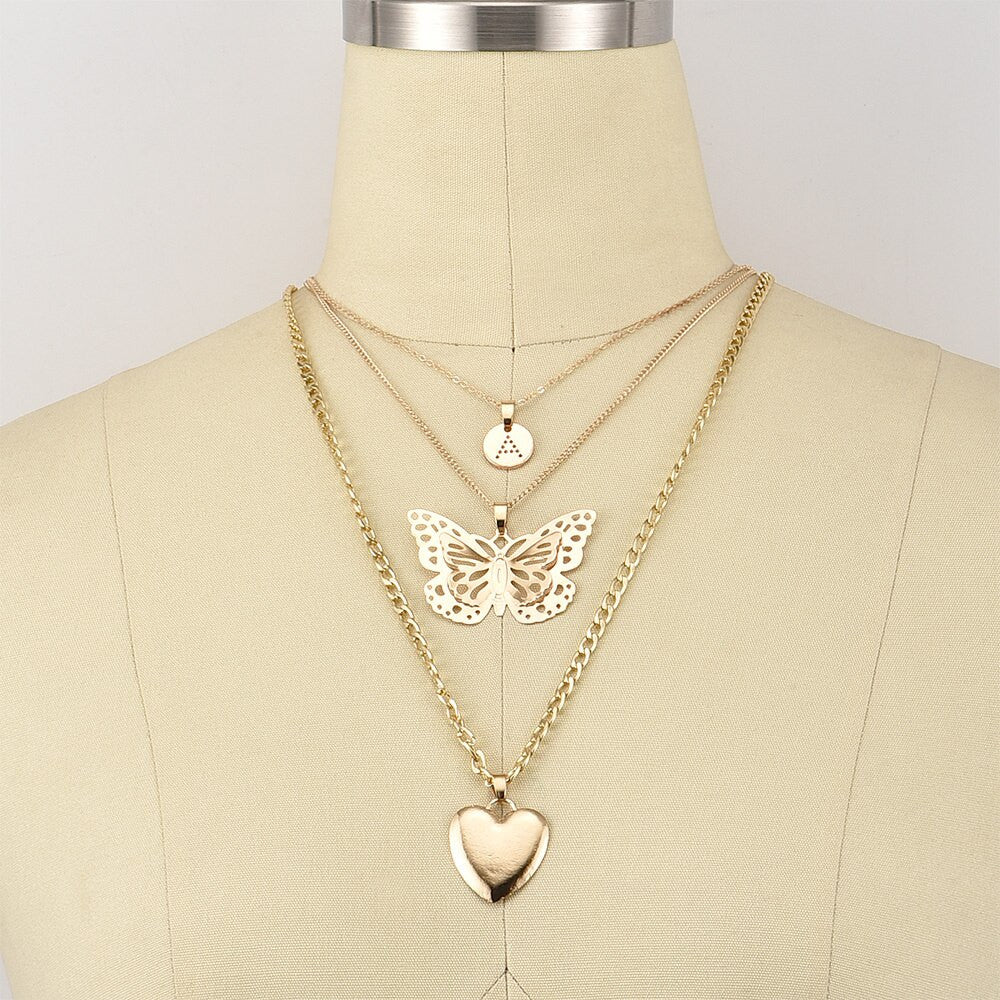 Ladies Butterfly Heart Gold Clavicle Personality Girl Chain Necklace