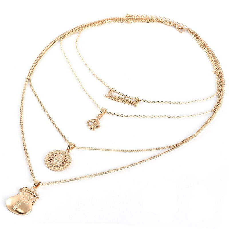 Womens Sweetheart Money Bag Spiritual Boho Pendant Multilayer Gold Necklace