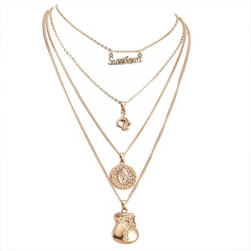 Womens Sweetheart Money Bag Spiritual Boho Pendant Multilayer Gold Necklace