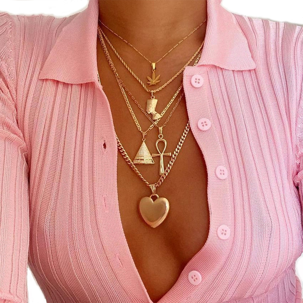 Personality Peach Heart Cross Pyramid Weed Leaf African Egypt Multilayer Necklace Set