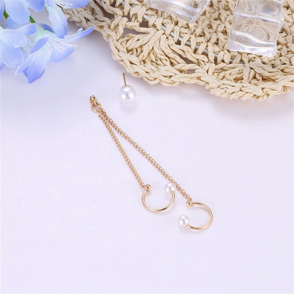 Ladies Personality Girl Pearl Chain Tassel Gold Earrings