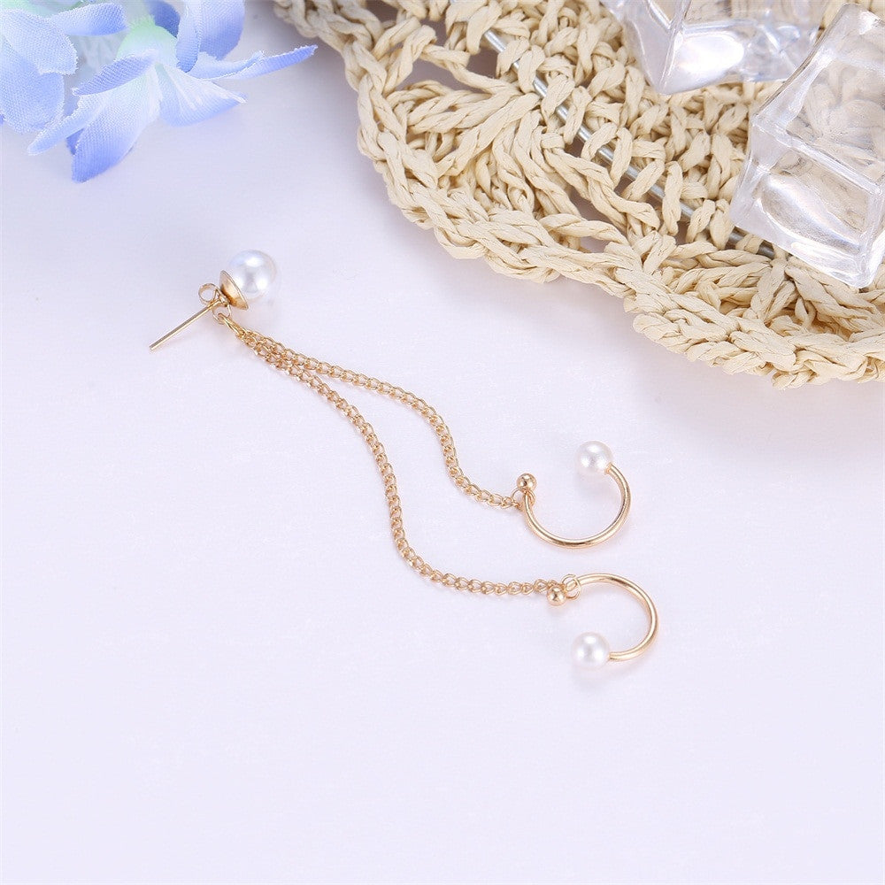 Ladies Personality Girl Pearl Chain Tassel Gold Earrings