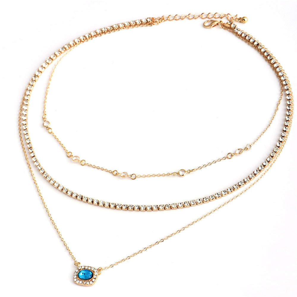 Ladies Blue CZ Crystal Round Bead Boho Clavicle Chain Pendant Necklace