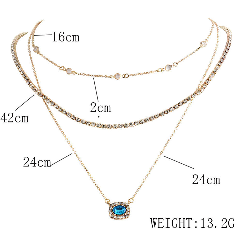 Ladies Blue CZ Crystal Round Bead Boho Clavicle Chain Pendant Necklace