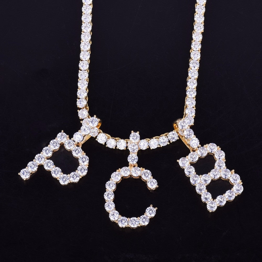 18k Gold AAA Stone Tennis Letter Custom Initial Hip Hop Pendant Chain Necklace