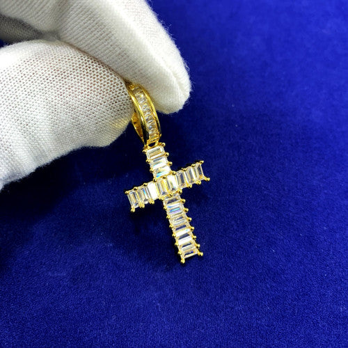 Micro Baguette 18k Gold AAA Prong Set Cross Pendant Chain Necklace