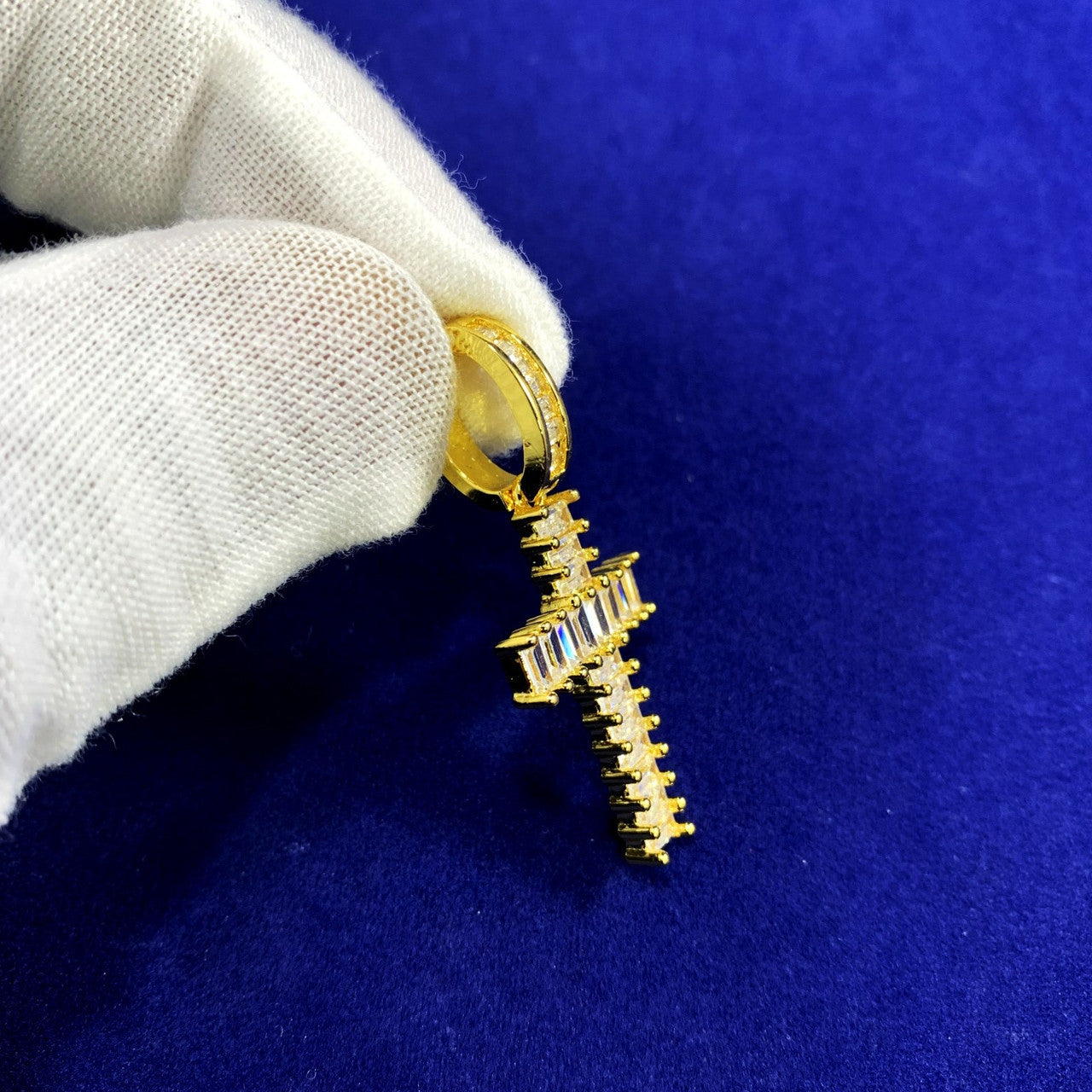 Micro Baguette 18k Gold AAA Prong Set Cross Pendant Chain Necklace