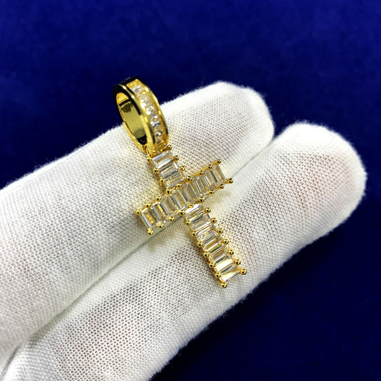 Micro Baguette 18k Gold AAA Prong Set Cross Pendant Chain Necklace