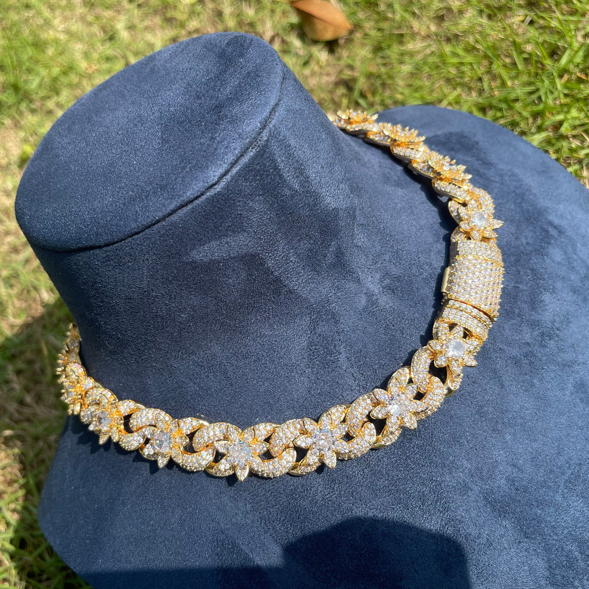 The Cuban Flower | Iced 24k Gold 925 Silver Sunflower Blinged Out Link Necklace