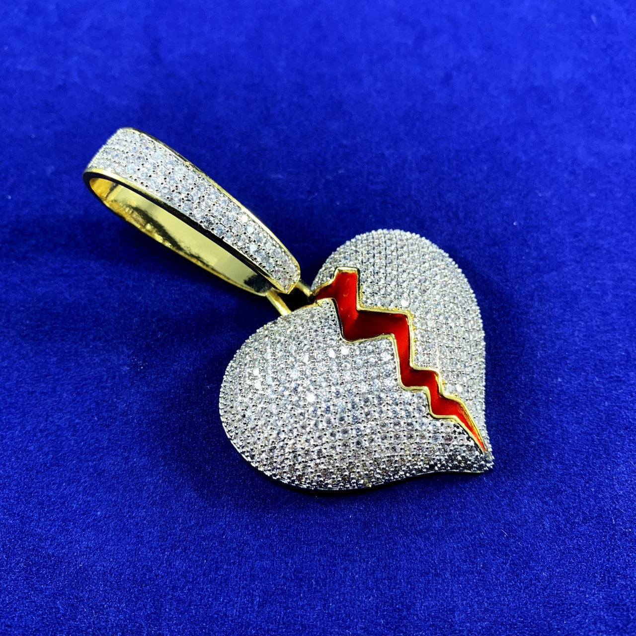 24k Gold GP Large Bail Flooded Ice Micro Pave Broken Heart Hip Hop Pendant