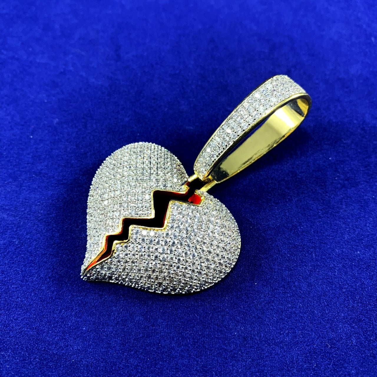 24k Gold GP Large Bail Flooded Ice Micro Pave Broken Heart Hip Hop Pendant