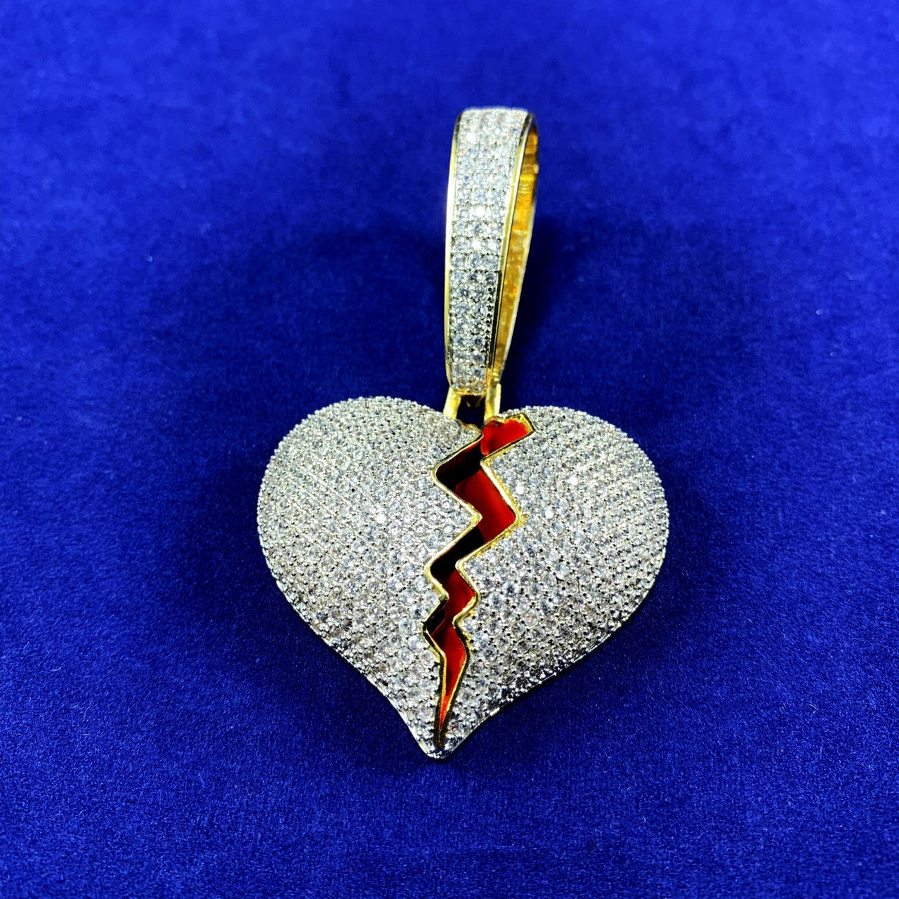 24k Gold GP Large Bail Flooded Ice Micro Pave Broken Heart Hip Hop Pendant