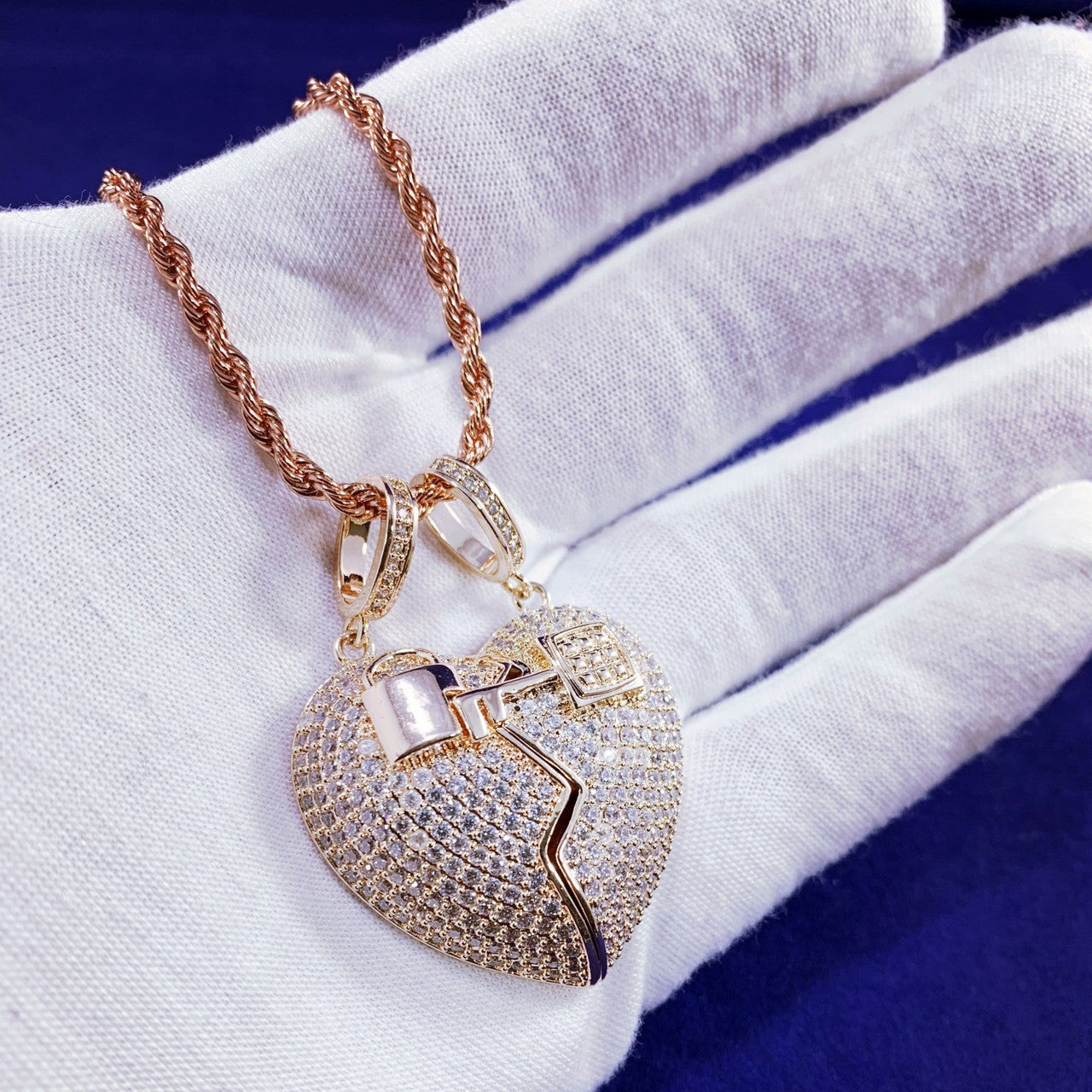 Rose Gold Couples Bling Key To My Heart Magnet Lock Double Pendant Necklace