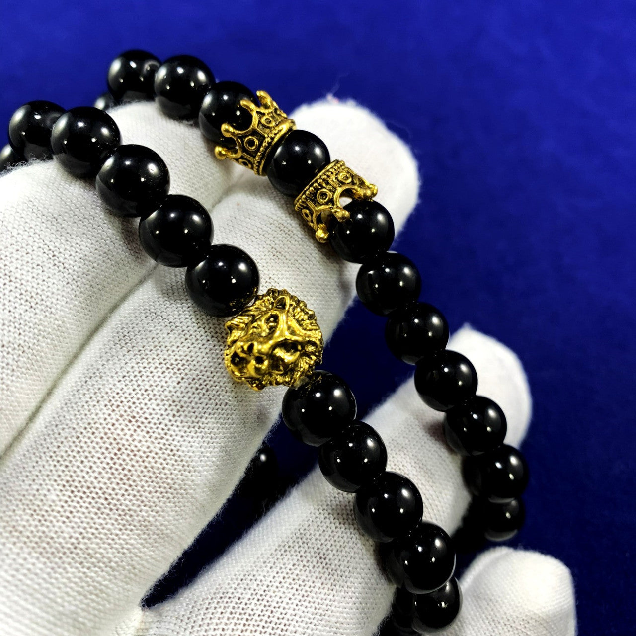 Mens King Of Kings Lion Crown Beaded Bracelet 2 Piece Set