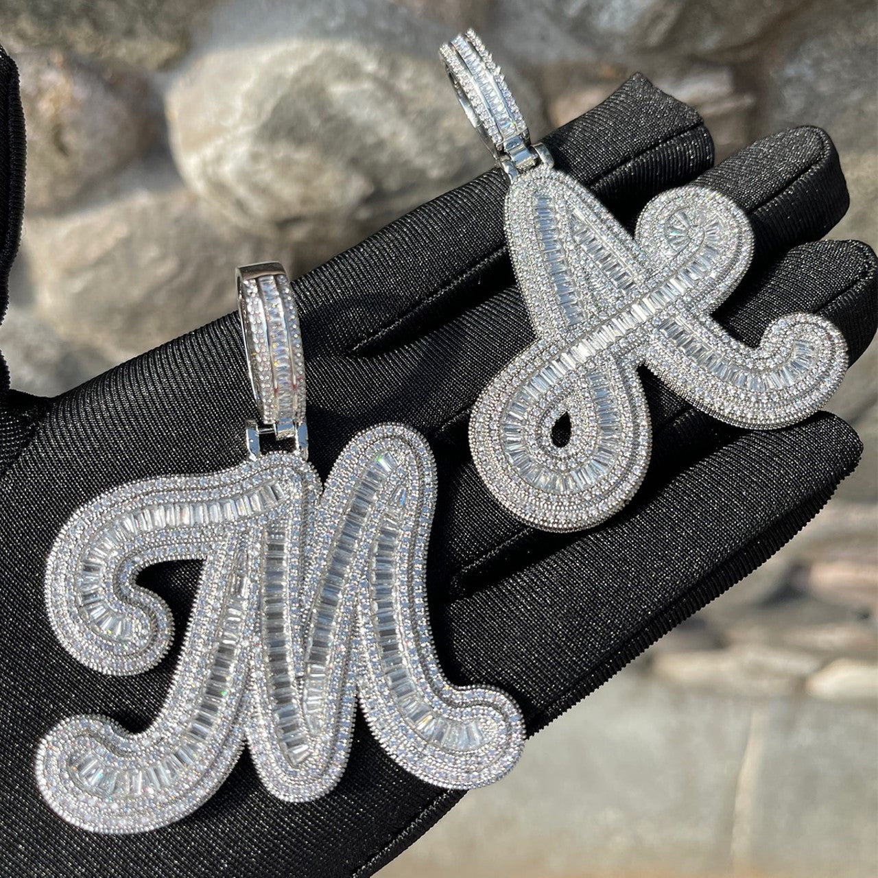IcedAge | Flooded Ice Custom Cursive Baguette Prong Set Hip Hop Initial Pendant