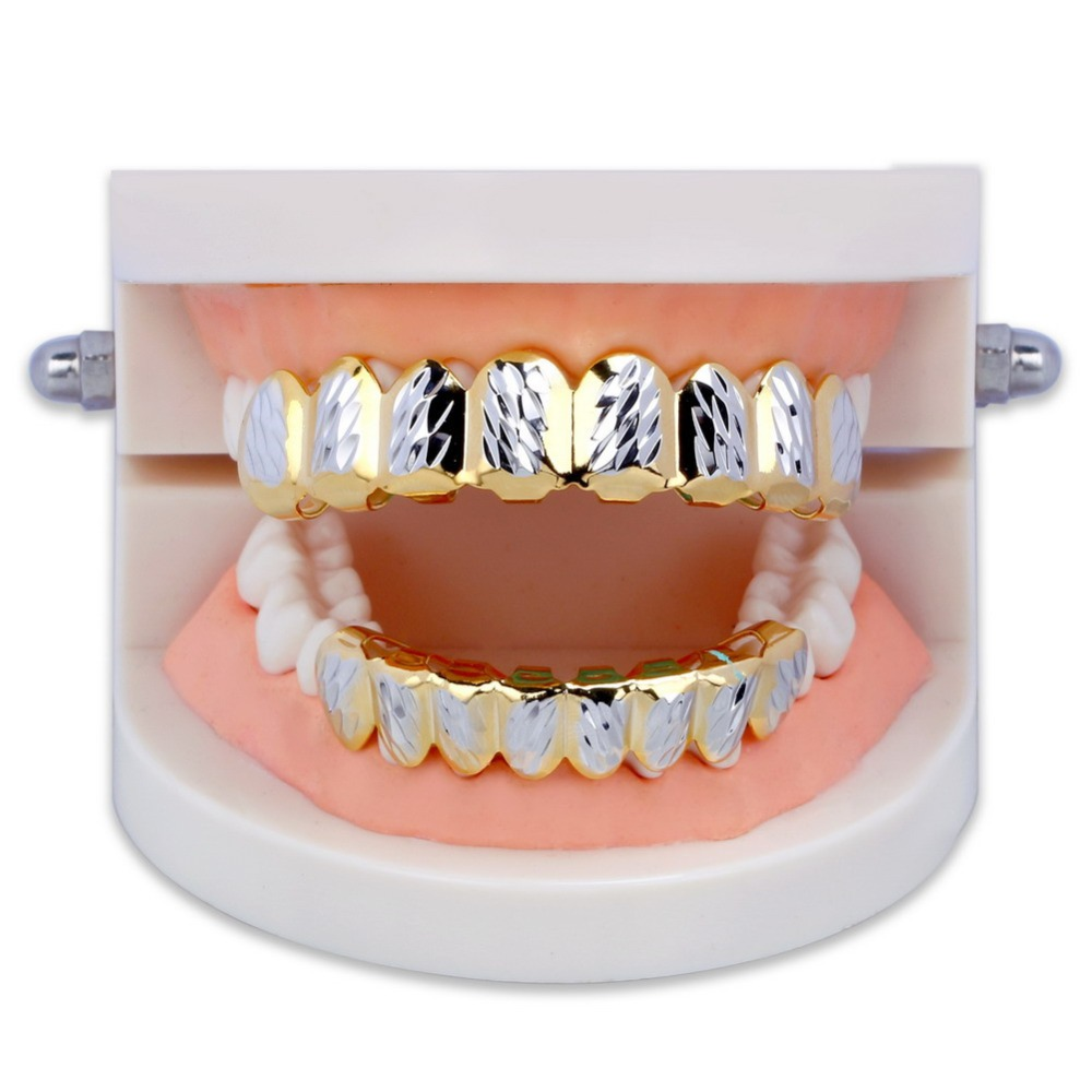 14k Gold Star Struck Diamond Cut Custom Top and Bottom Full 8 Tooth Hip Hop Grillz