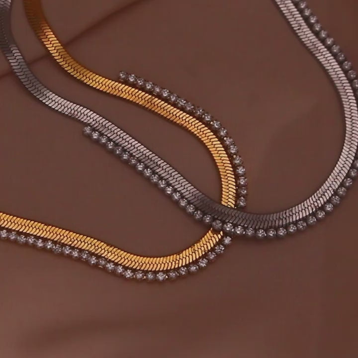 VVS Herringbone | Women's 18k Gold over Stainless Steel Diamond CZ Herringbone Chain Necklaces