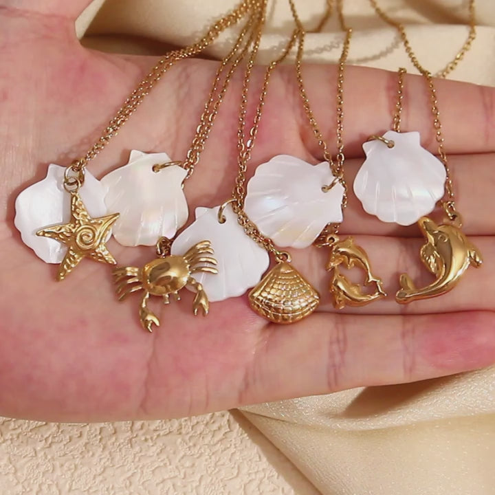 18k Gold Stainless Steel Waterproof Sea Animals Starfish Dolphin Mother Of Pearl Necklaces