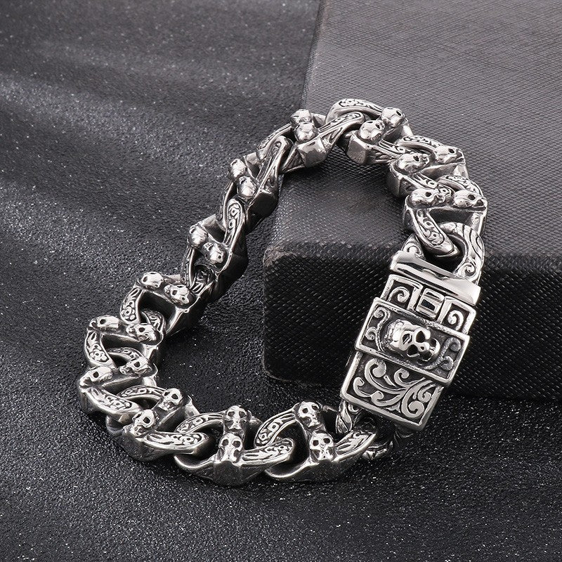 Skullsteel | Mens No Fade Stainless Steel Skull Cuban Link Hip Hop Rock Bracelet