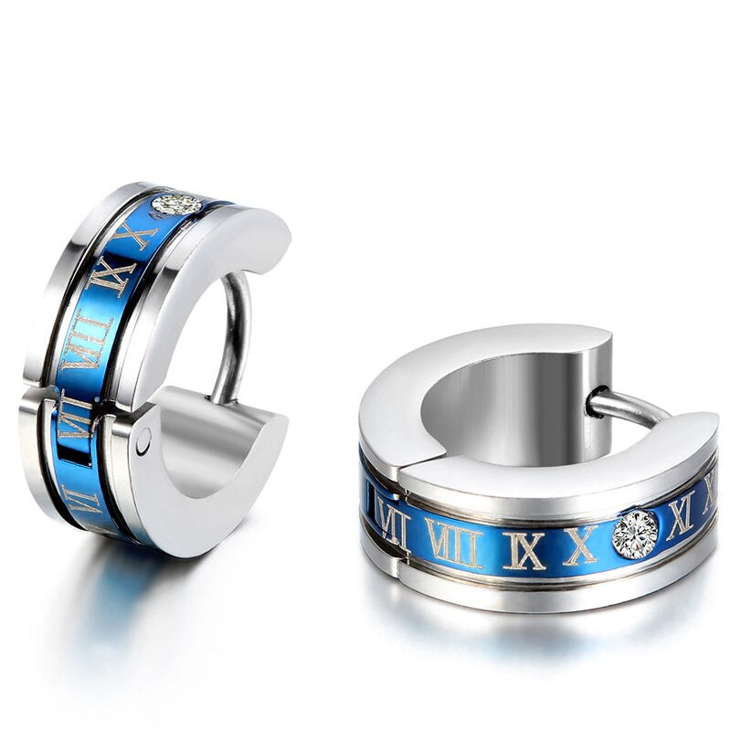 Bling Bling Stainless Steel Roman Numerals Big Boy Blue Gold Black Huggie Earrings