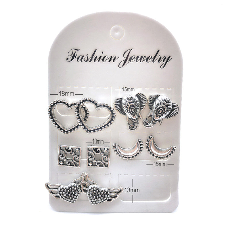 10 Pcs/set Bohemian Retro Elephant Heart Wing Moon Square Silver Earrings Set