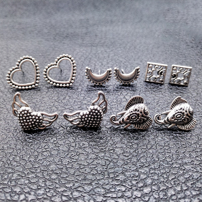 10 Pcs/set Bohemian Retro Elephant Heart Wing Moon Square Silver Earrings Set